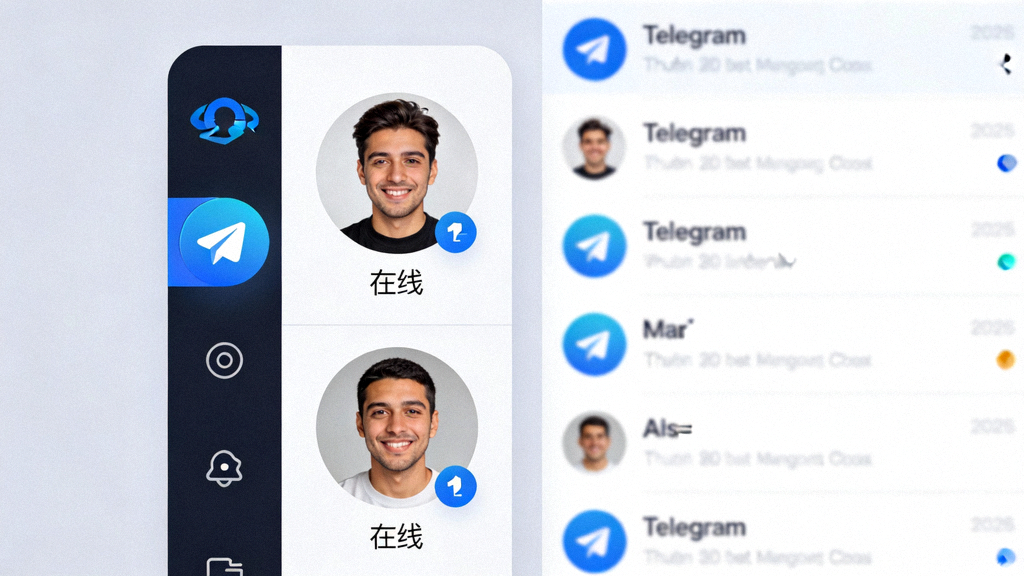 Telegram桌面端多账号登录功能界面展示，侧边栏清晰显示两个已登录账号的头像和在线状态