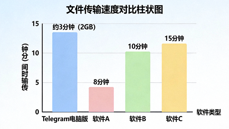 文件传输速度对比柱状图，显示Telegram电脑版传输2GB文件仅需约3分钟，而其他软件A、B、C分别需要8分钟、10分钟和15分钟