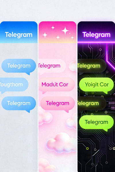 展示三款不同的自定义Telegram主题界面：一款蓝色简约风格，一款粉色可爱风格，一款深色赛博朋克风格