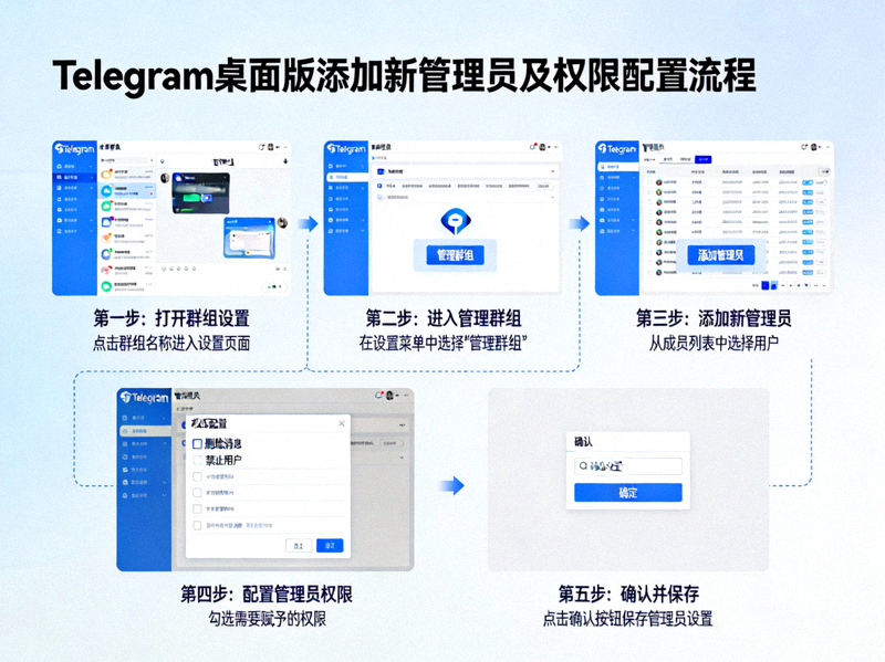 分步展示在Telegram桌面版中添加新管理员并配置权限的界面操作流程