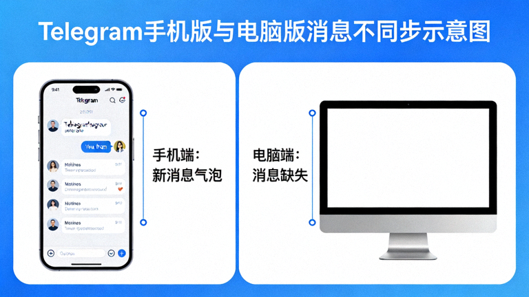 示意图展示Telegram手机版和电脑版之间消息不同步的问题，一侧手机有消息气泡，另一侧电脑屏幕消息缺失