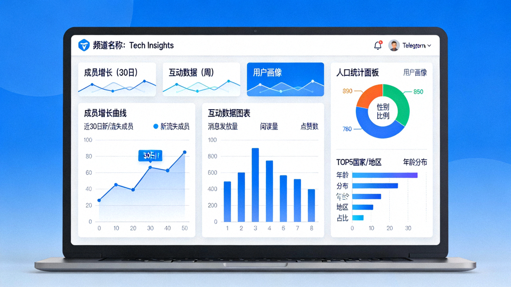 Telegram电脑版频道数据分析工具仪表盘截图，展示增长曲线、互动图表和人口统计面板