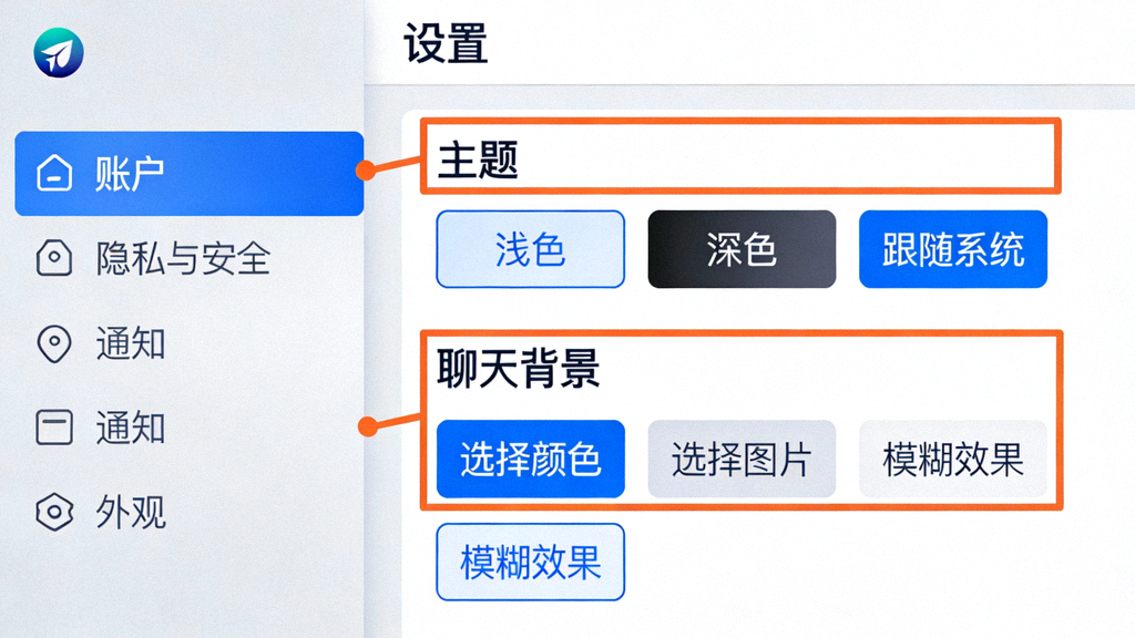 Telegram电脑版设置菜单中外观选项的详细截图，高亮显示主题和聊天背景设置入口