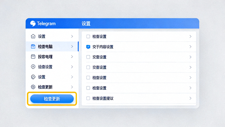 Telegram电脑版设置界面截图，高亮显示‘检查更新’按钮的位置
