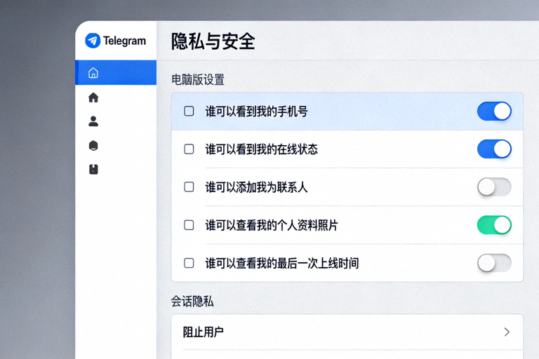 Telegram电脑版设置界面中的隐私与安全选项面板截图，展示各种开关和配置项