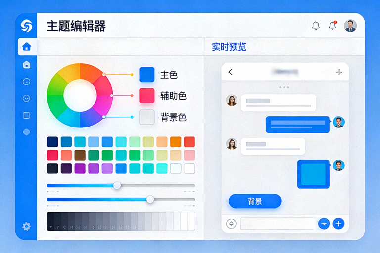 Telegram电脑版主题编辑器界面截图，展示丰富的颜色选择器和实时预览效果