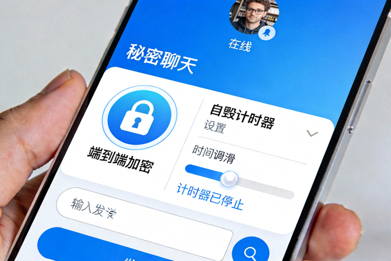 Telegram秘密聊天界面截图，展示端到端加密标识和自毁计时器设置选项