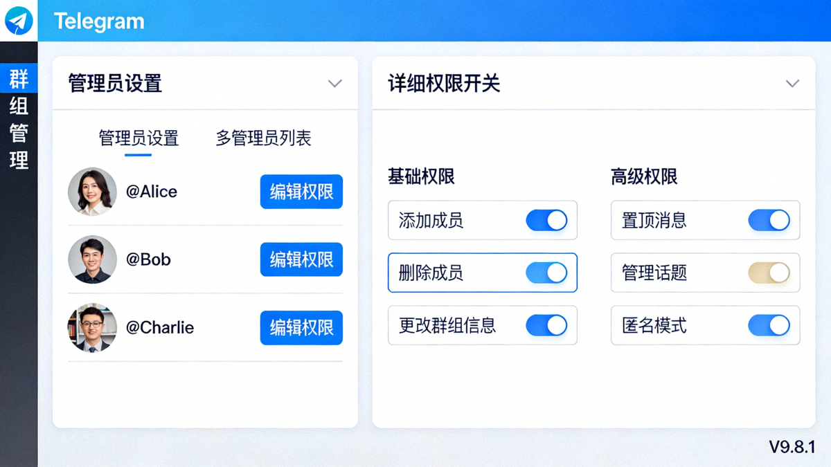 Telegram桌面版群组管理设置界面截图，展示新增的多管理员列表和详细的权限开关选项