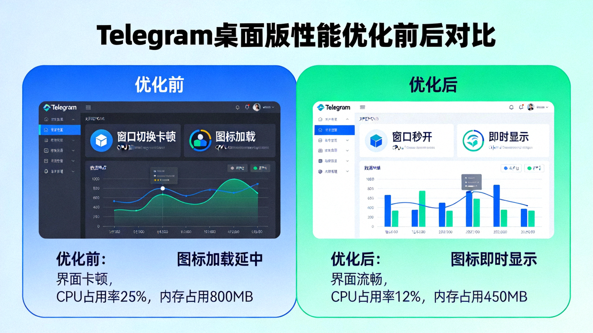 Telegram桌面版性能优化前后对比图，展示更流畅的界面和更低的系统资源占用