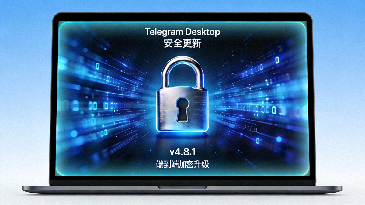 Telegram Desktop 安全更新概念图，展示一个带有巨大锁形图标和加密数据流的电脑屏幕界面
