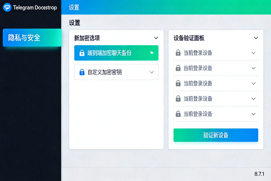 Telegram Desktop 新版设置界面截图，突出显示‘隐私与安全’菜单下的新加密选项和设备验证面板
