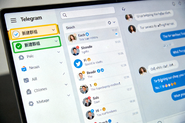 Telegram电脑版主界面截图，高亮显示左上角的三条横线菜单按钮和新建群组选项