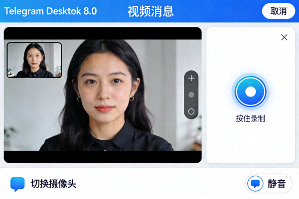Telegram Desktop 8.0 视频消息录制界面截图，展示画中画摄像头预览和录制按钮