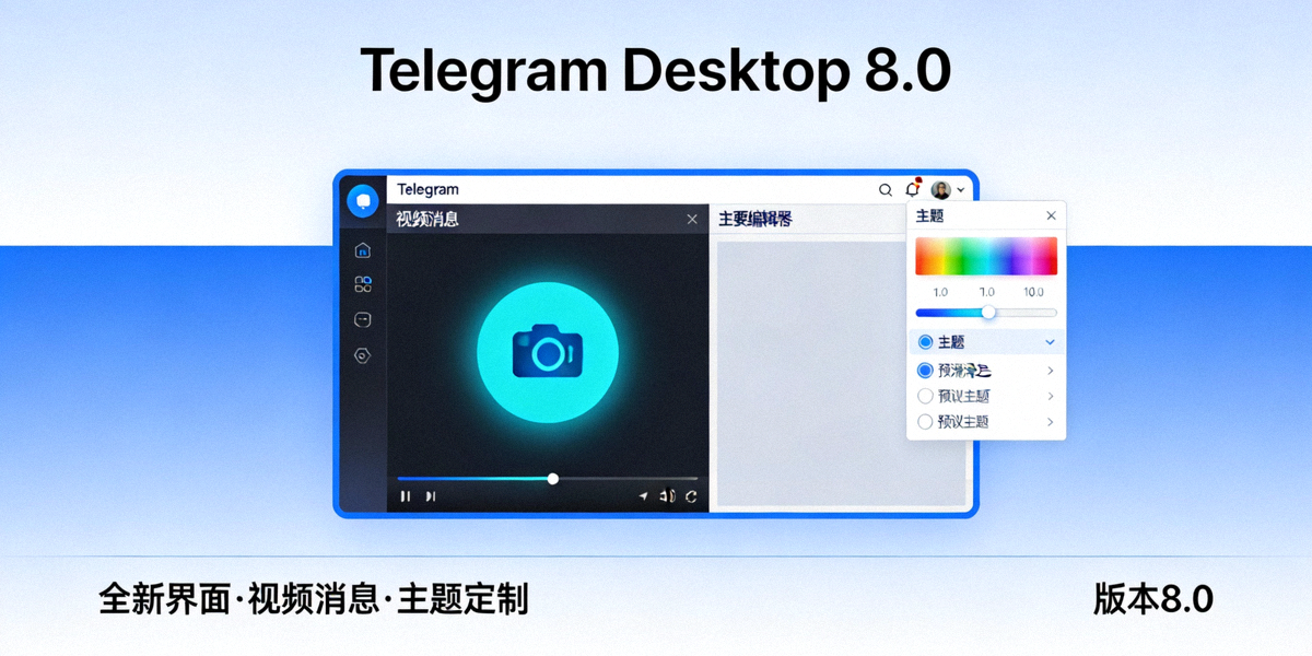 Telegram Desktop 8.0 主视觉横幅，展示新版界面、视频消息按钮和主题编辑器面板