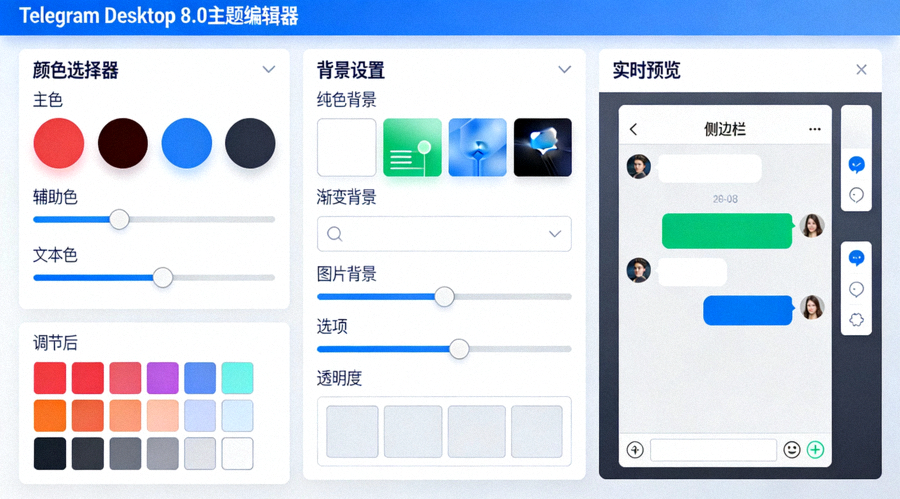 Telegram Desktop 8.0 主题编辑器全功能界面截图，展示颜色选择器、背景设置和预览区域