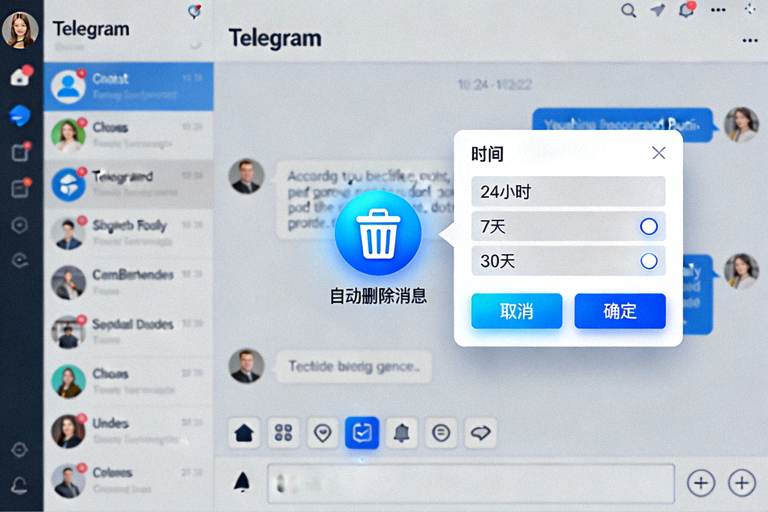 Telegram电脑版聊天信息页面截图，高亮显示自动删除消息的按钮和弹出的时间选择对话框