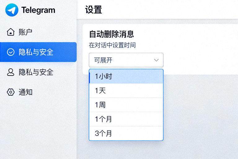 Telegram电脑版设置界面截图，展示隐私与安全设置中自动删除消息的选项位置和可配置的时间下拉菜单
