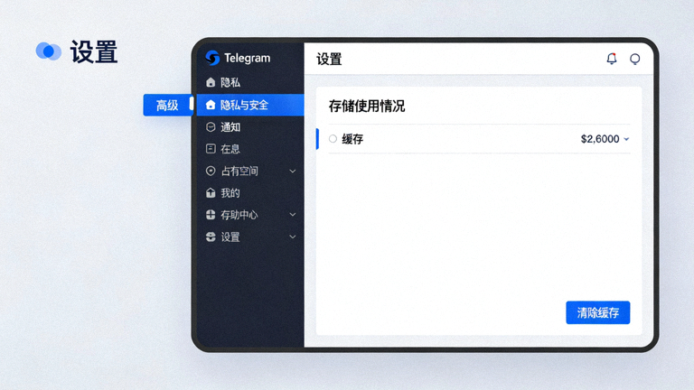 Telegram电脑版设置中高级选项下的存储使用情况与清除缓存按钮界面截图