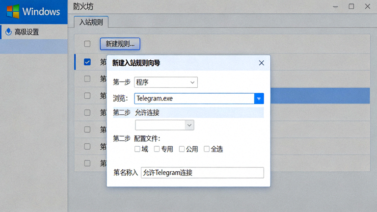Windows防火墙设置界面截图，展示如何为Telegram.exe添加允许规则
