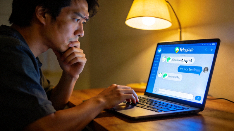一位用户正对着电脑屏幕上的Telegram应用界面皱眉思考，表示遇到了消息问题