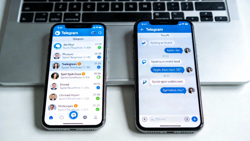 智能手机和笔记本电脑并排摆放，屏幕上同时显示Telegram应用界面，表示多设备同步