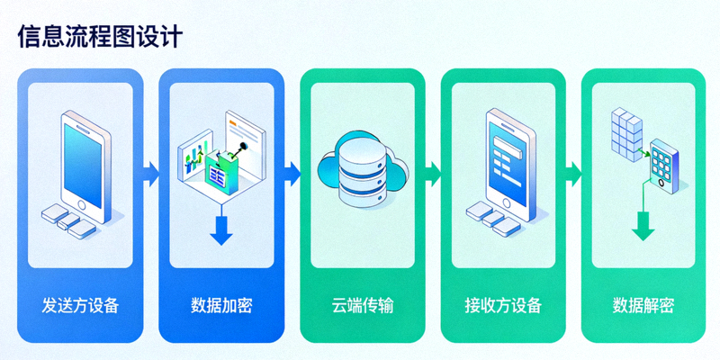 示意图展示端到端加密流程，数据从发送方设备加密，经过云端，在接收方设备解密