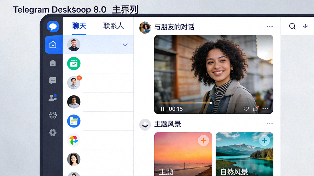Telegram Desktop 8.0 主界面展示，侧边栏为聊天列表，主窗口显示带有视频消息和主题预览的对话