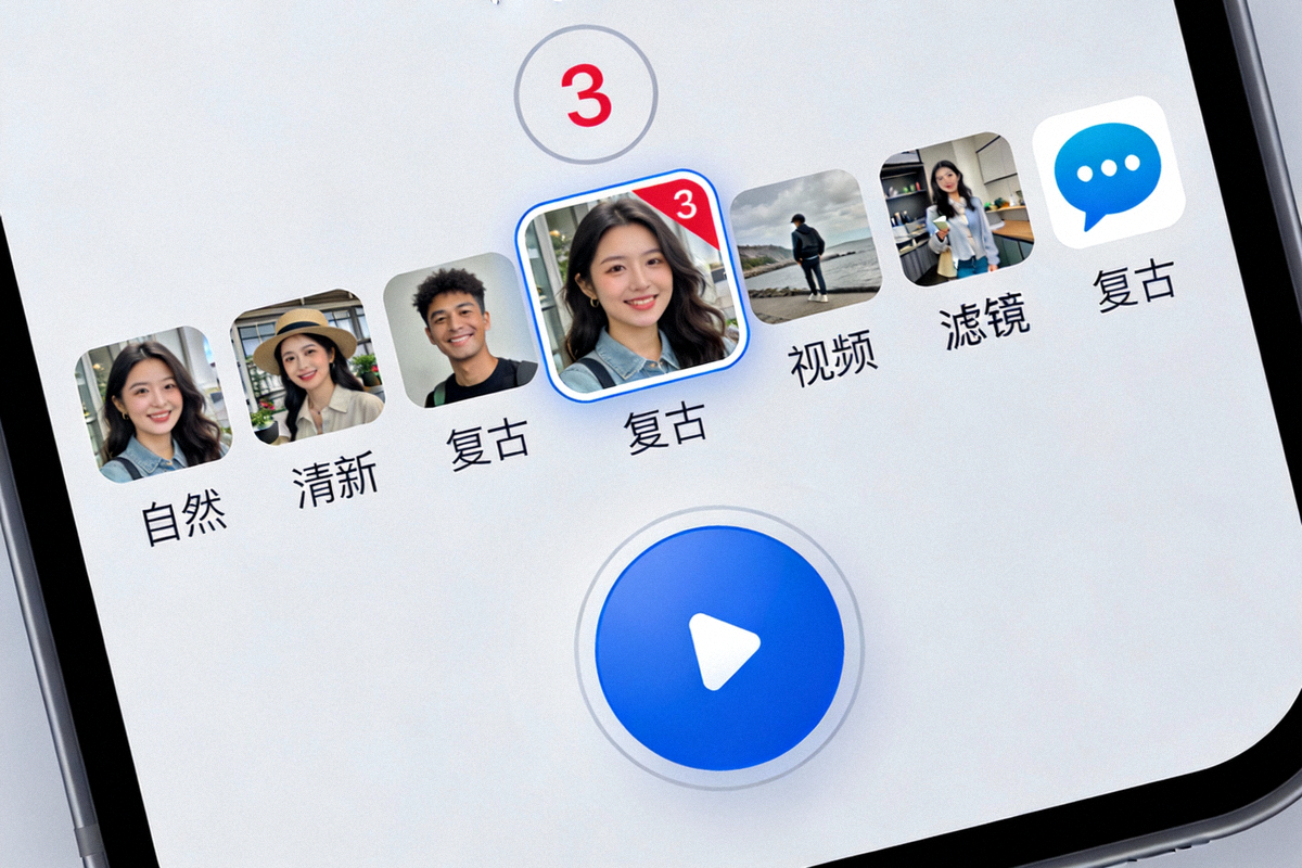 Telegram Desktop 视频消息录制界面特写，显示圆形录制按钮、美化滤镜选项和倒计时