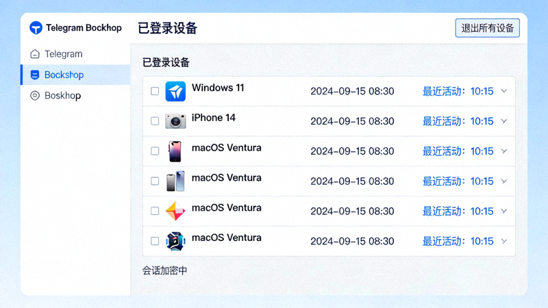 Telegram Desktop 新设备管理面板界面截图，展示多个已登录设备列表