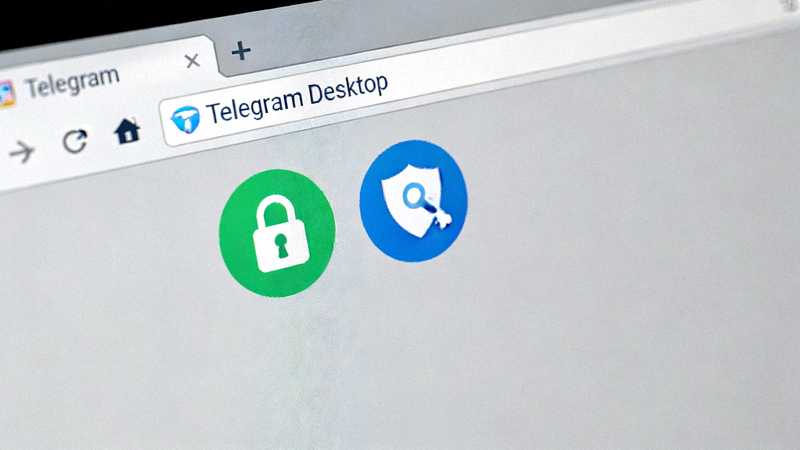 Telegram Desktop 应用程序在电脑屏幕上显示安全锁和加密图标界面