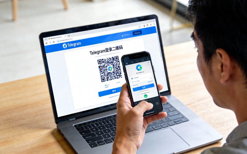 用户正用手机扫描电脑屏幕上显示的Telegram登录二维码