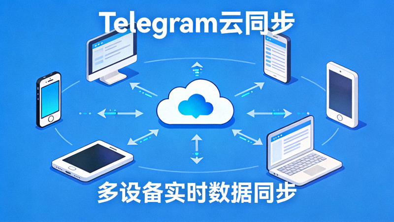 展示Telegram云同步概念图，多台设备围绕一朵云交换数据