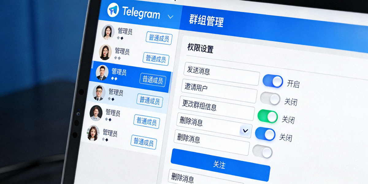 电脑屏幕上显示Telegram桌面版群组管理界面的特写，展示了成员列表和权限设置选项