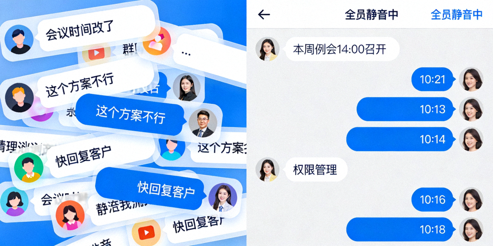 对比图：左侧显示混乱的群聊消息流，右侧显示经过静音和权限管理后整洁有序的群聊界面