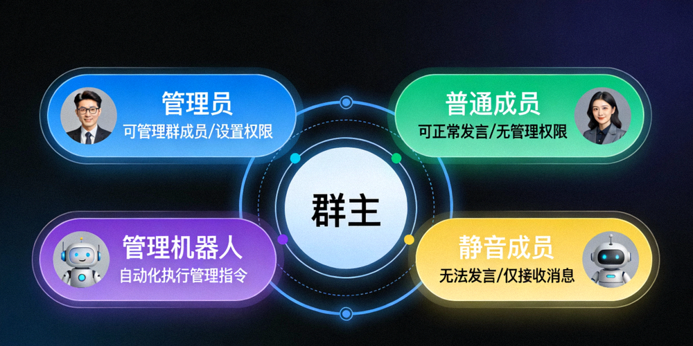 示意图展示Telegram群组管理生态：中心是群主，周围环绕着拥有不同权限的管理员、静音成员、普通成员和管理机器人