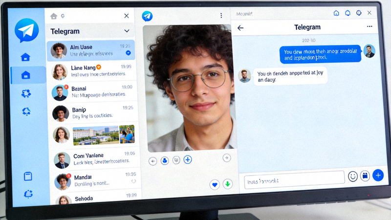 电脑版Telegram应用程序在桌面电脑上运行的界面截图，展示了清晰的聊天列表和现代化的设计
