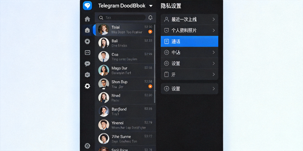 Telegram Desktop 应用程序在深色模式下的界面截图，展示聊天列表和隐私设置选项