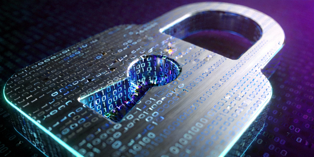 象征数据安全和加密的抽象概念图，显示锁和二进制代码叠加