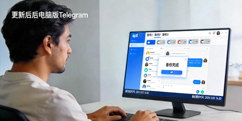 一位用户正在使用更新后的电脑版Telegram，屏幕上显示着清晰的多账号界面和备份完成提示