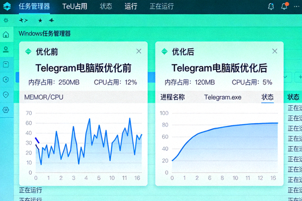 任务管理器显示Telegram电脑版优化前后的内存和CPU占用对比