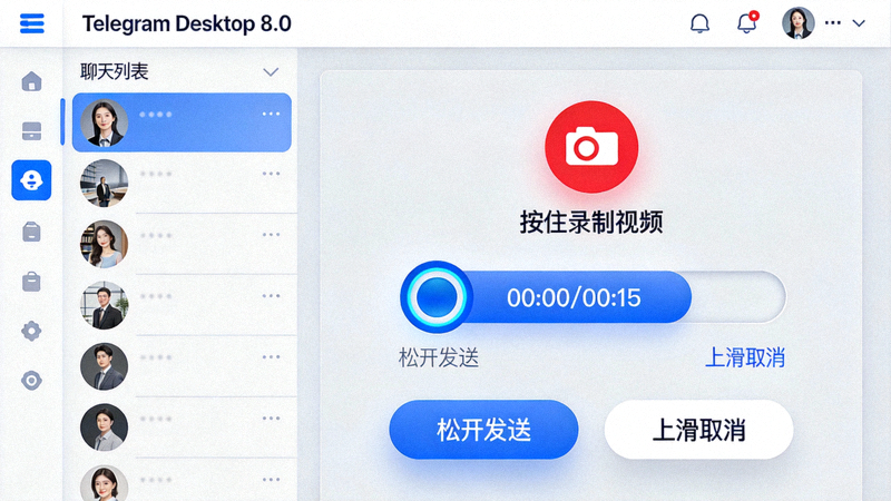 Telegram Desktop 8.0 界面展示视频消息录制按钮与录制过程