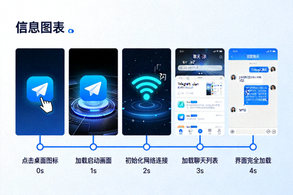 Telegram电脑版快速启动过程示意图，展示从点击图标到界面完全加载的时间线