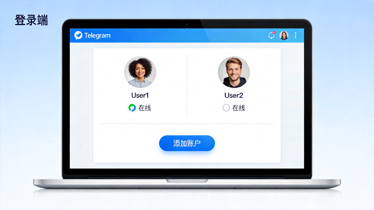 Telegram电脑端多账户登录界面展示，显示两个不同账户同时在线