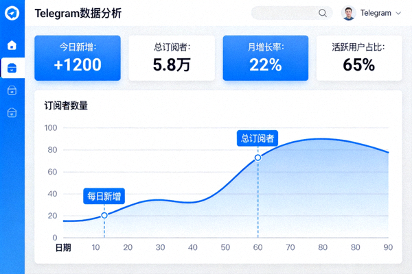 Telegram数据分析仪表盘截图，显示订阅者增长曲线图和关键指标卡片