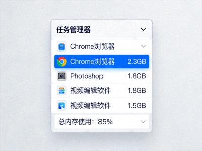 任务管理器显示高内存占用的应用程序列表，突出资源管理的重要性