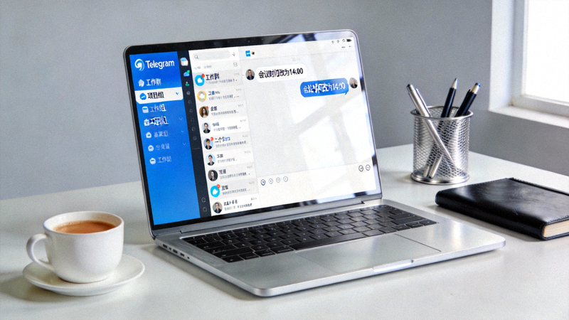 整洁高效的电脑桌面工作环境，屏幕上显示着Telegram应用界面