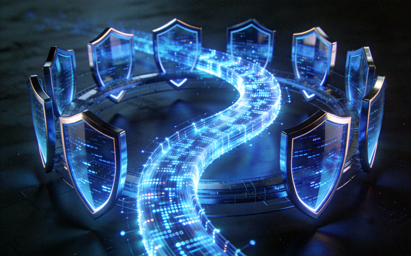 抽象的网络安全概念图，显示数据在加密通道中流动，周围有盾牌保护