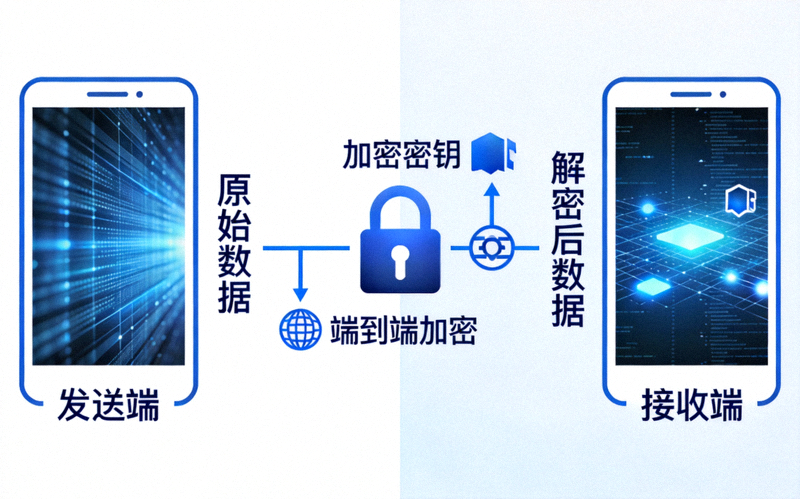 示意图展示端到端加密原理，两部设备间有锁形图标和加密符号连接