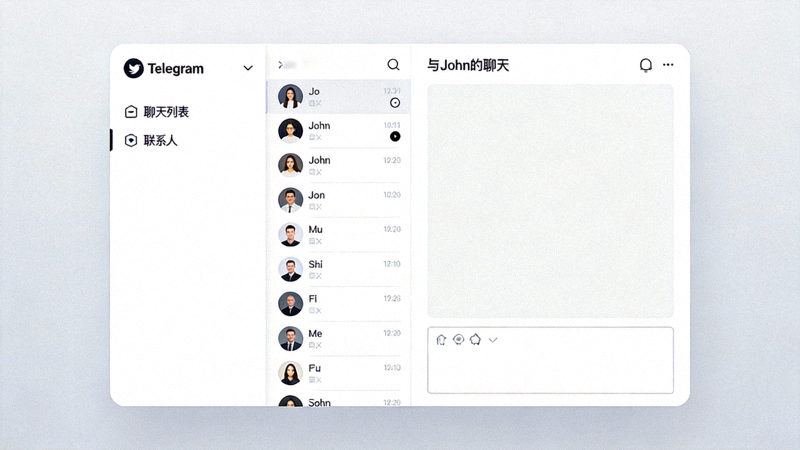 Telegram Desktop 应用程序在电脑桌面上的界面展示，突出其简洁的聊天窗口和侧边栏
